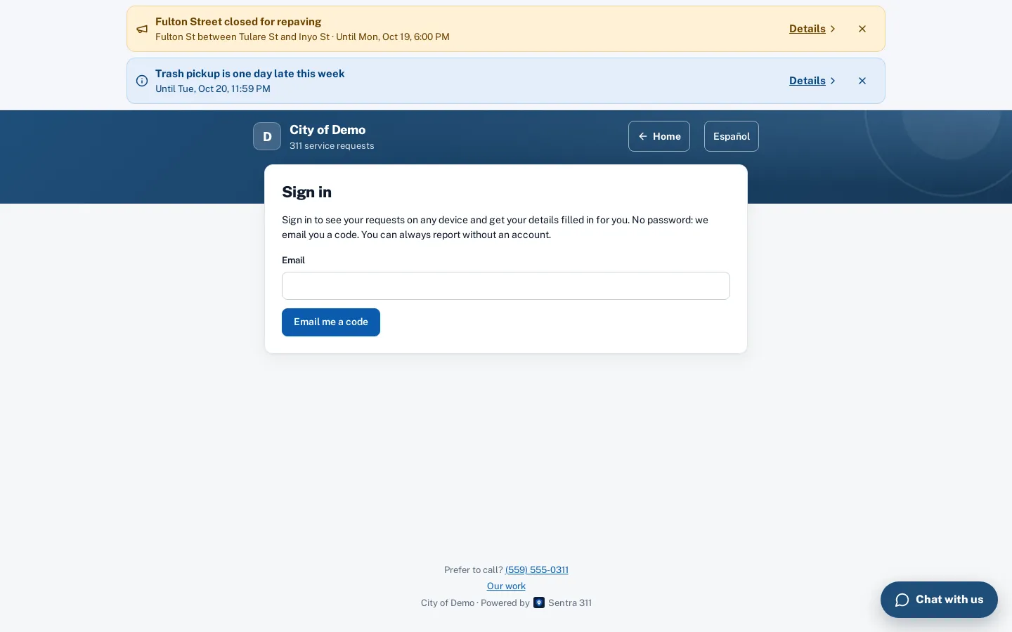 The resident account page with sign-in by email code.