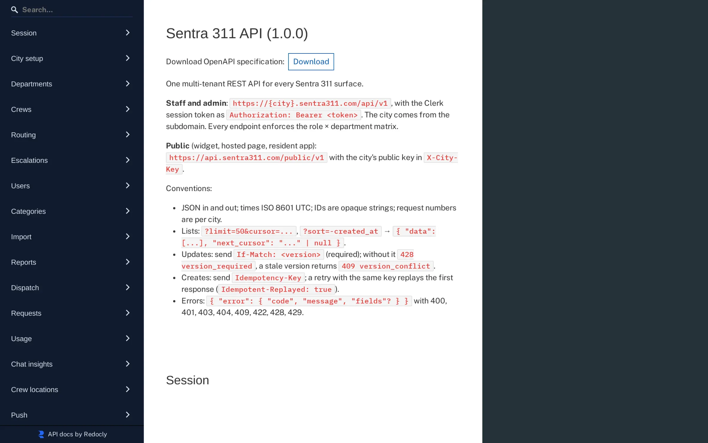 The interactive Sentra 311 API reference, generated from the OpenAPI 3 file, with the API conventions.