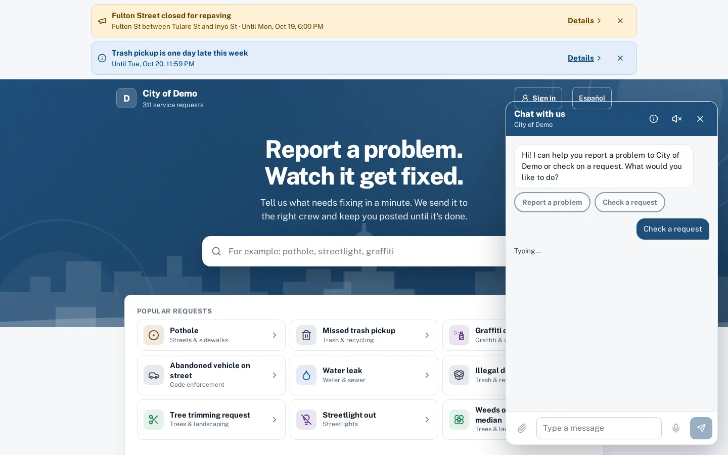 The resident chat panel on the report page, with a request status card.