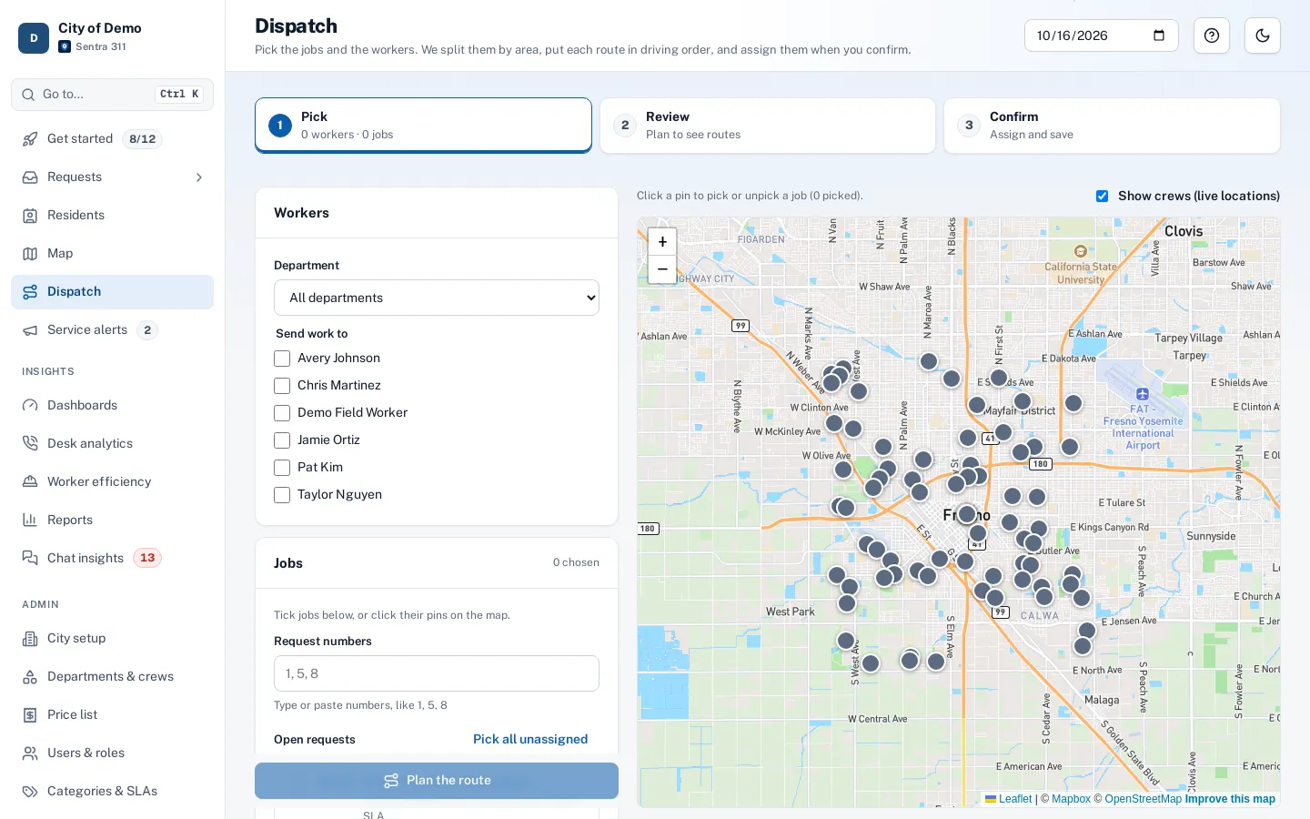The dispatch page: date, workers and jobs on the left and color-coded routes along streets on the map.