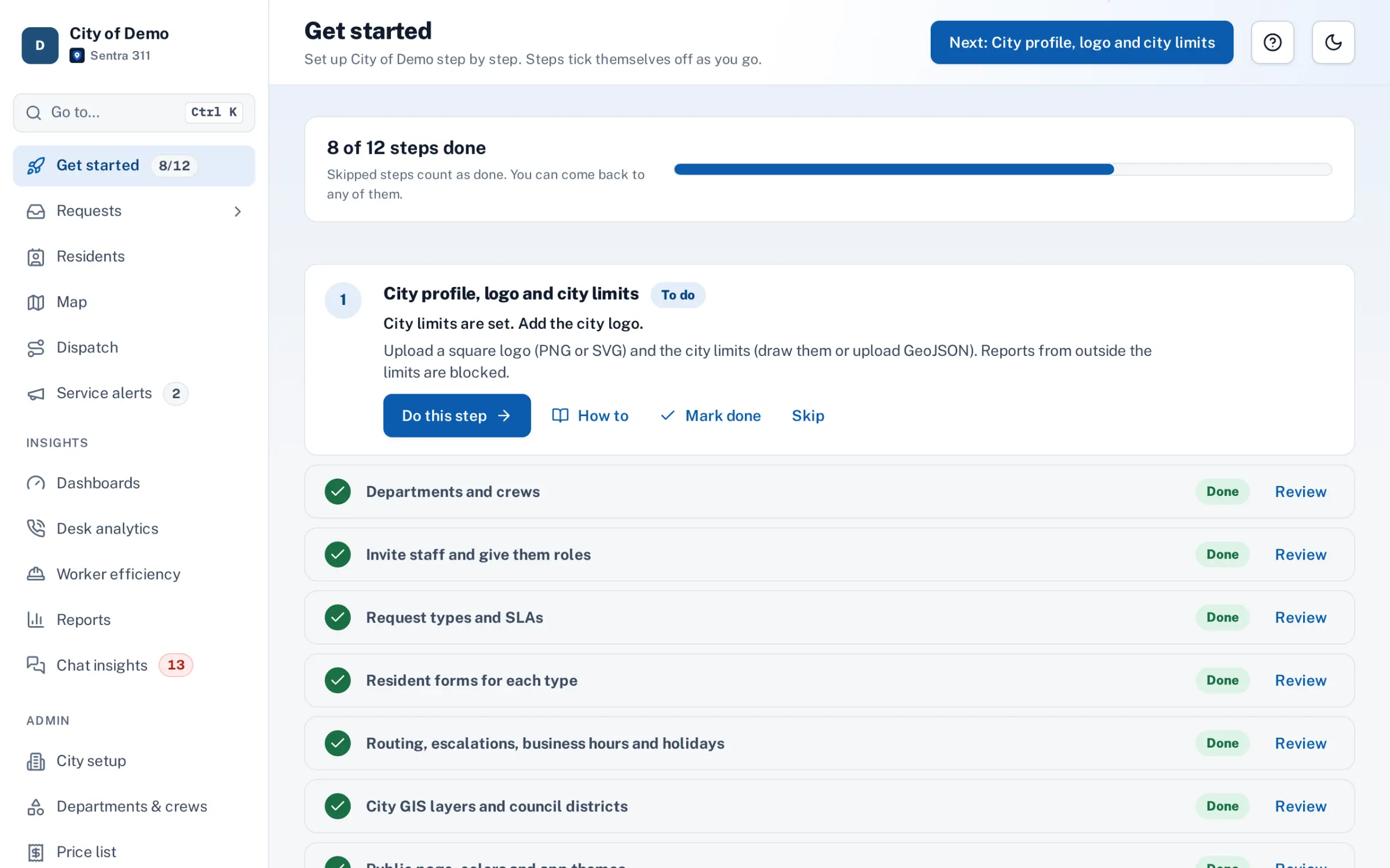 The Get started checklist in the portal: 8 of 12 setup steps done, each with a button to do the step and a how-to guide.