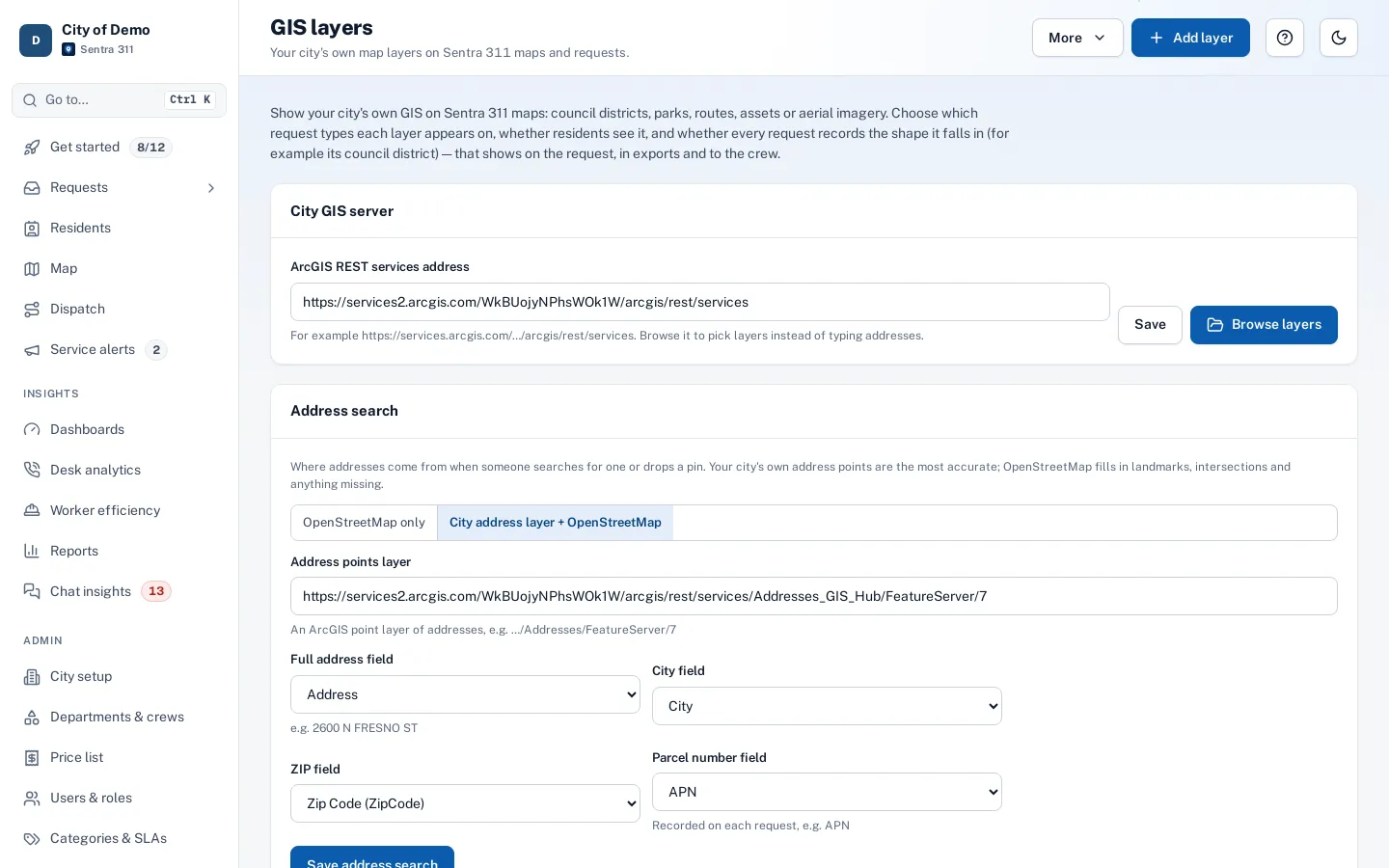 Admin GIS layers: browsing a city’s ArcGIS services and adding layers.