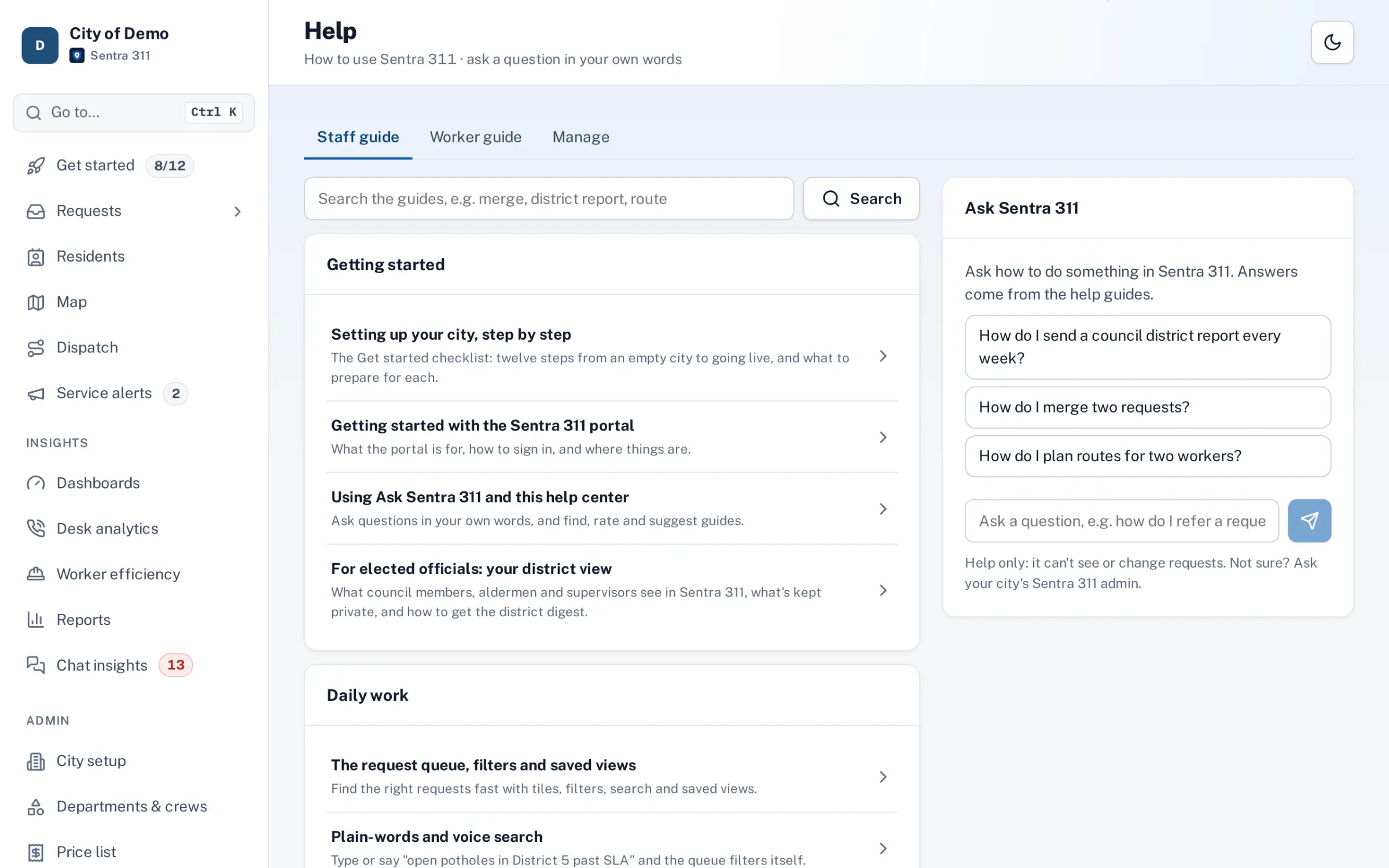 The help center inside the portal, with guides for each role and the Ask Sentra 311 assistant.