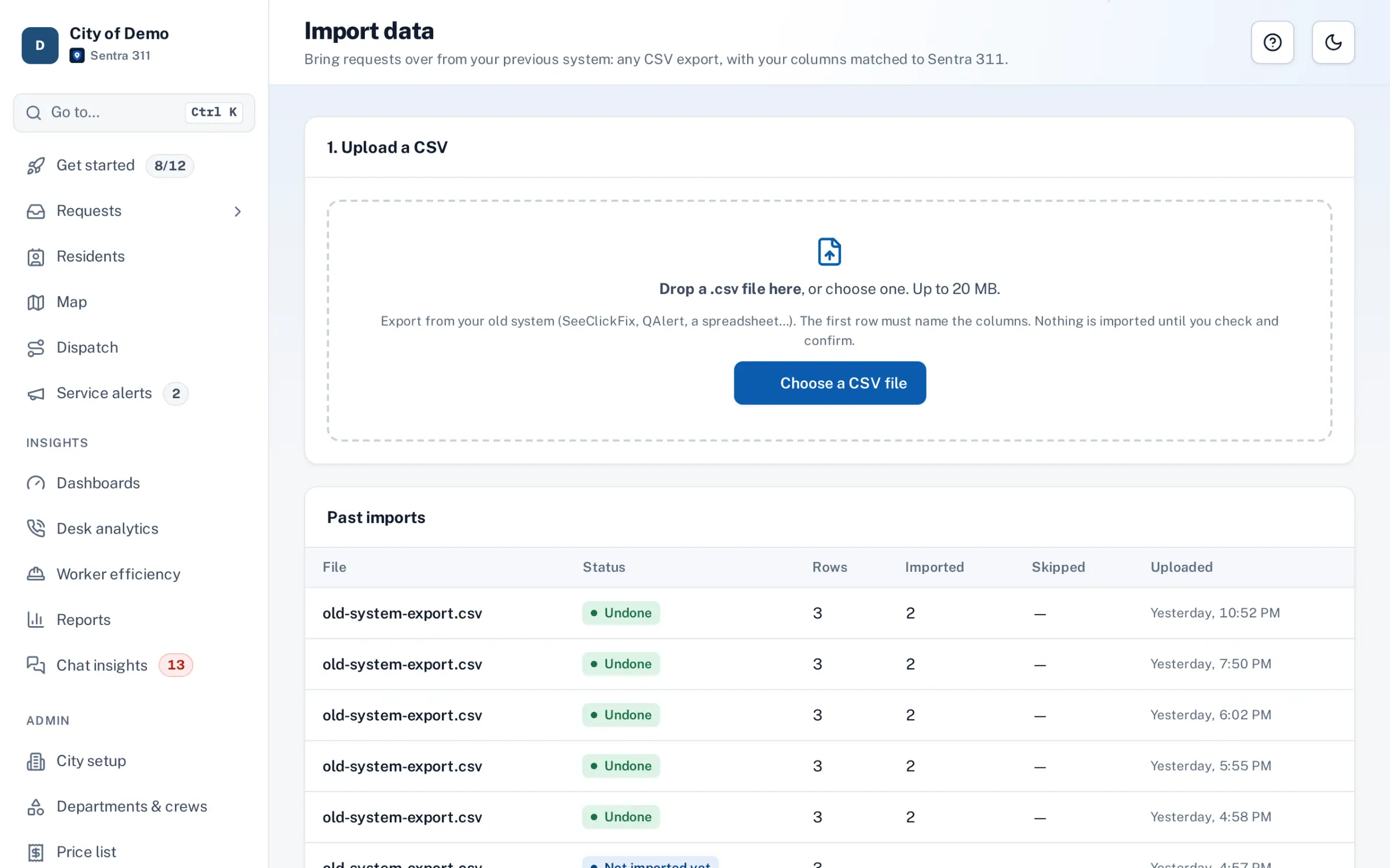 The Import data page: upload a CSV export from an old system, with a list of past imports that can be undone.