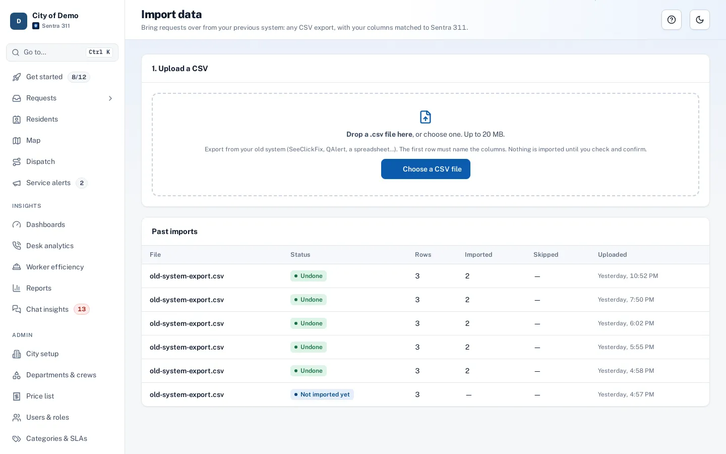 The data importer: uploading a CSV and matching its columns to Sentra 311 fields.