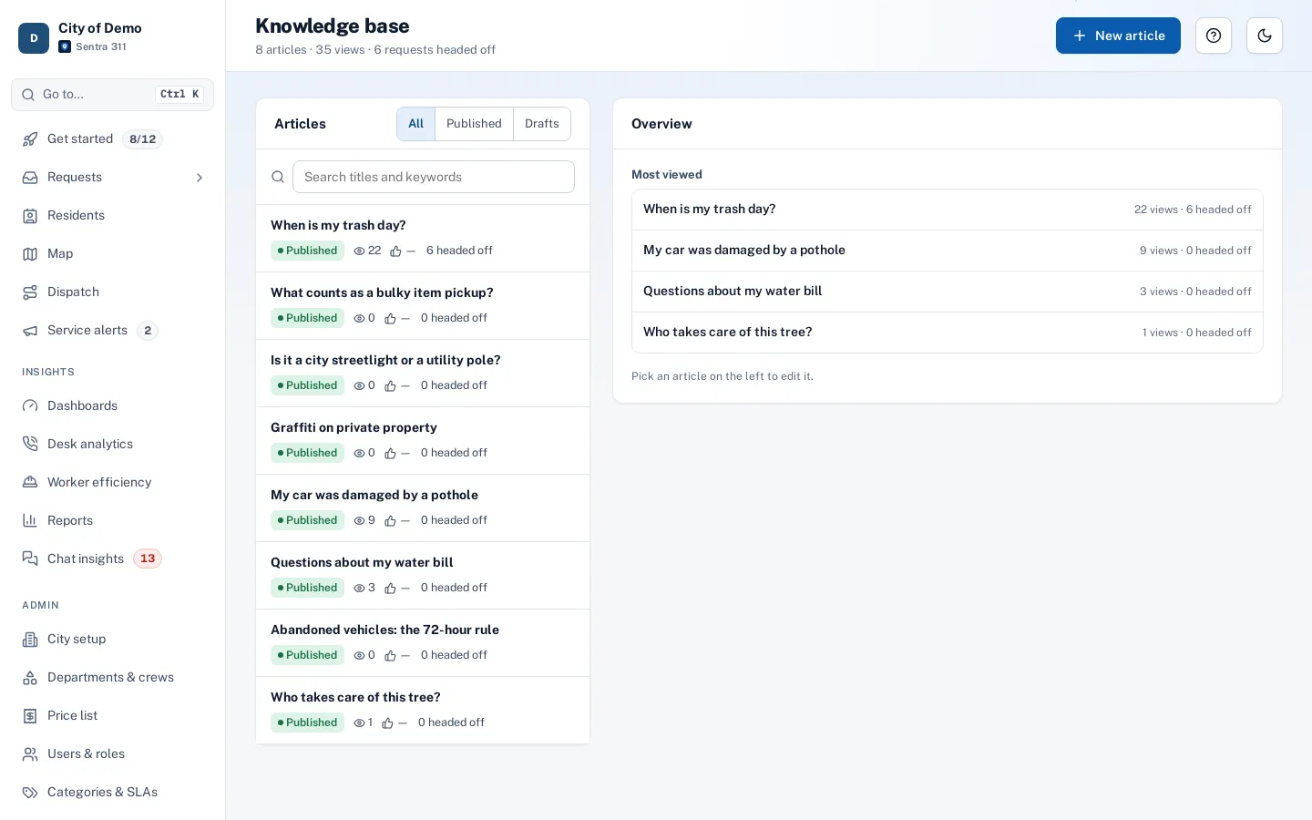 The knowledge base editor with articles linked to request types, in English and Spanish.