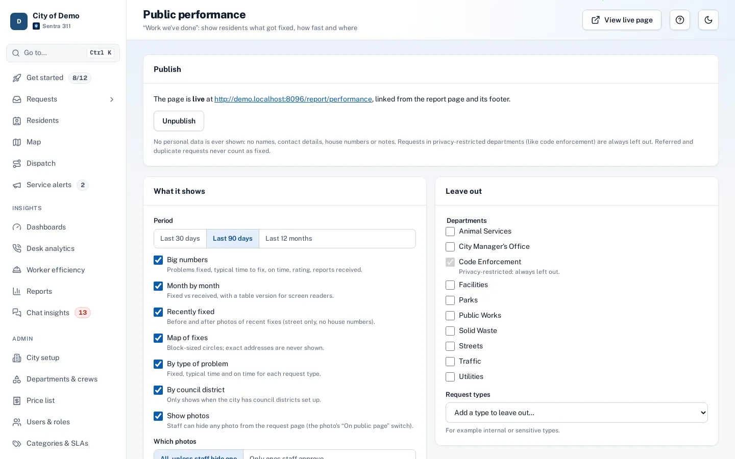 Admin settings for the public performance page: publish switch, period, sections and photo approval.