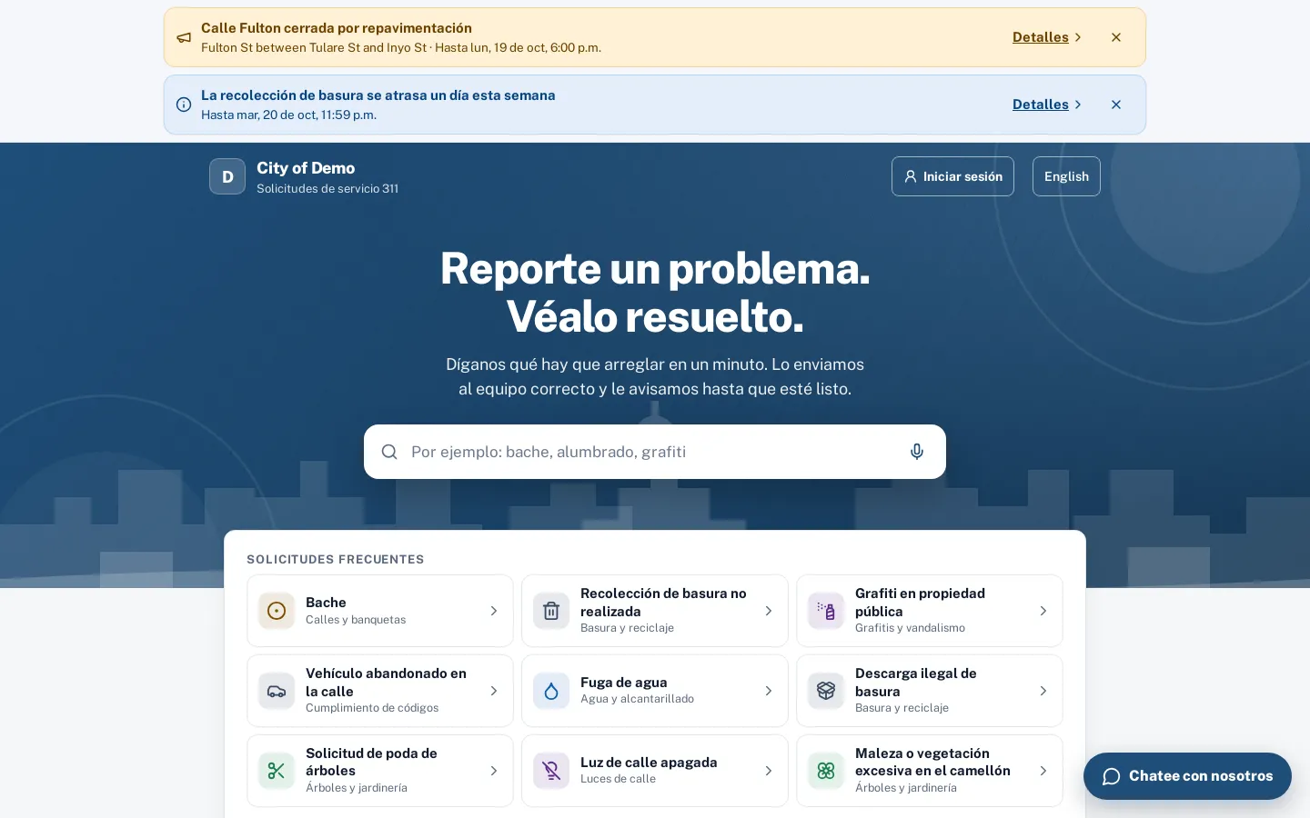 The public report page in Spanish, with request types translated.