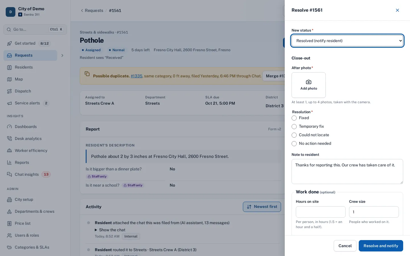 The change-status drawer for closing a request, with the close-out questions and what this request type needs.