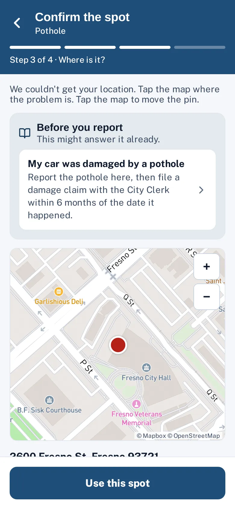 The resident app confirming the spot on a map.