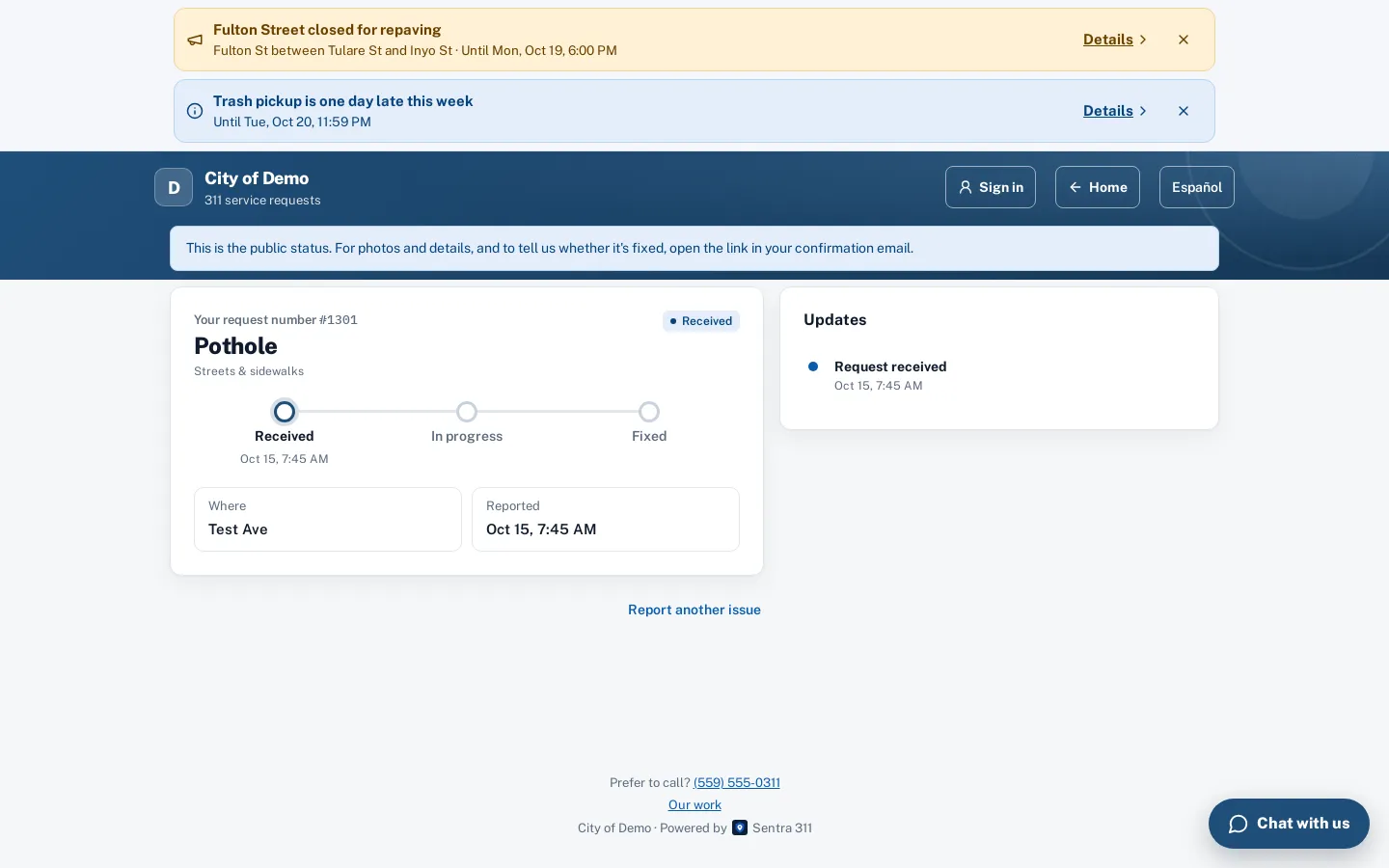 A public tracking page with the request type, street, a progress tracker and public updates.