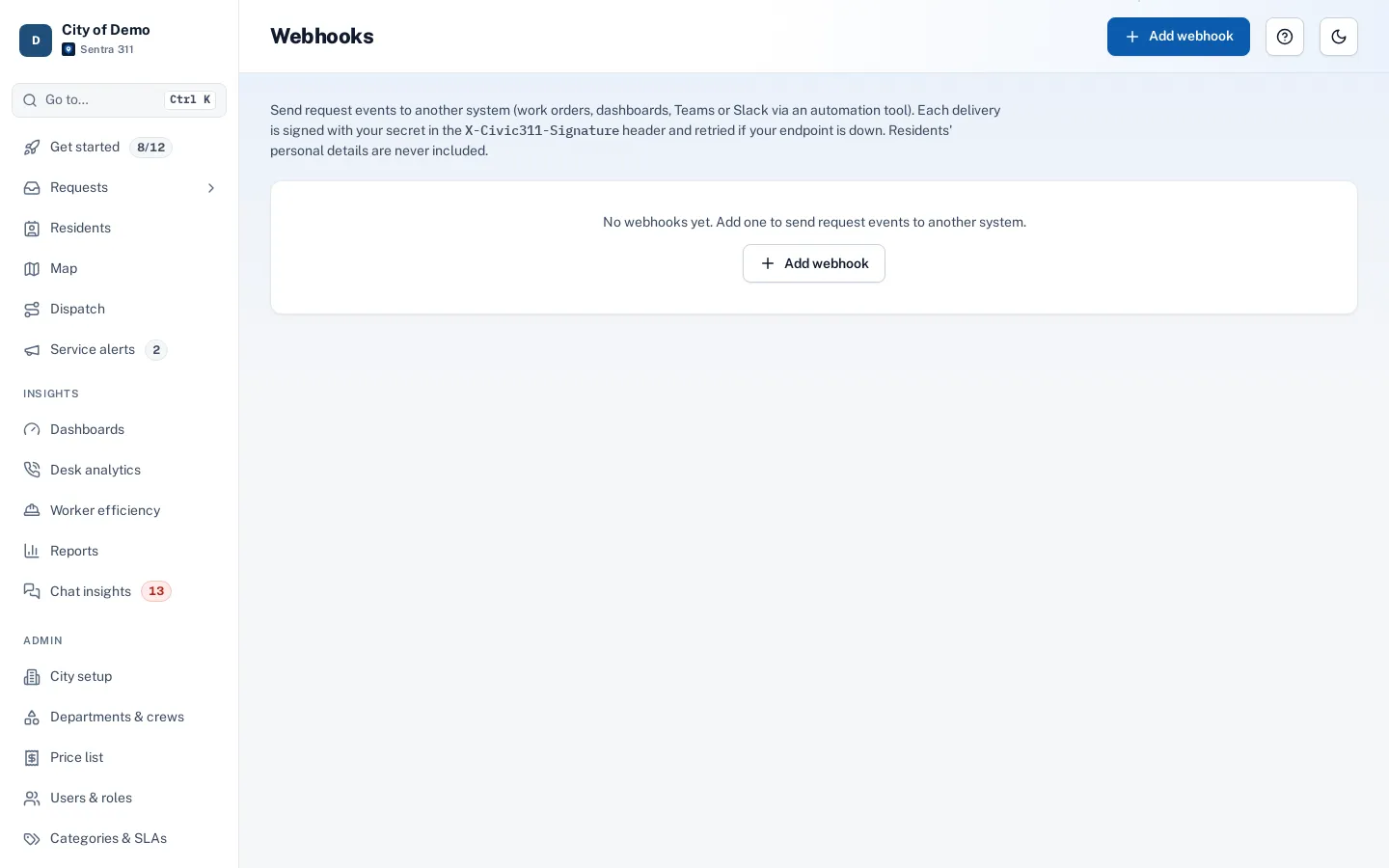 The webhooks admin page with endpoints, events and the delivery log.
