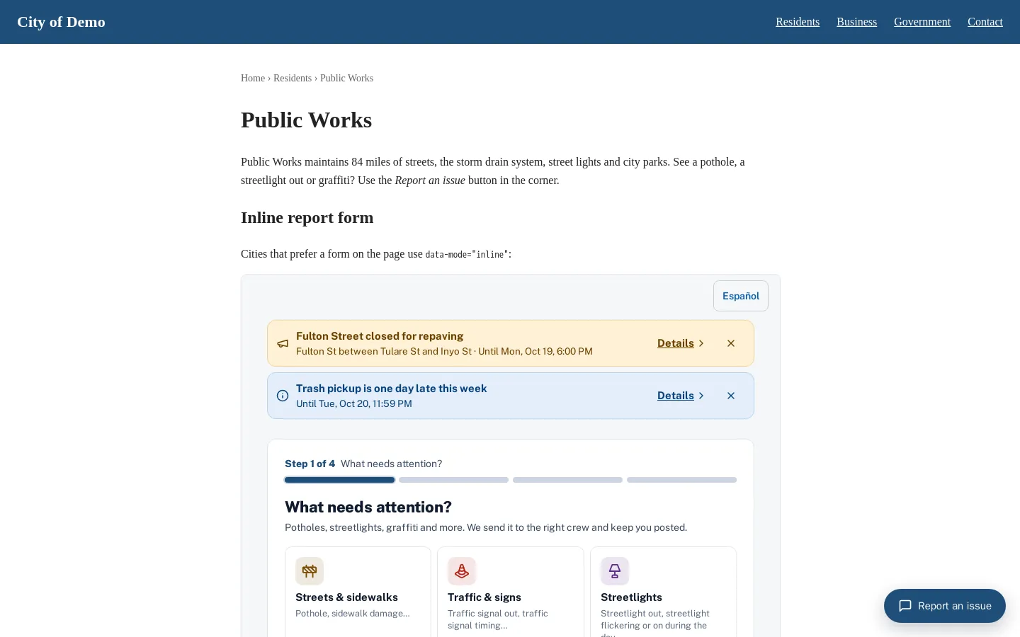A city website with the Sentra 311 report button and dialog.