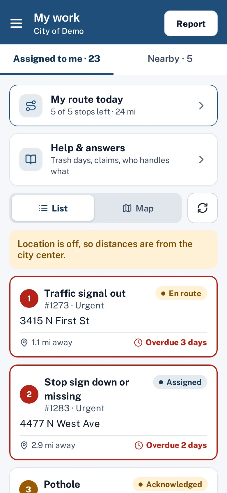 The worker app: my work with a route card and a list of jobs by priority.
