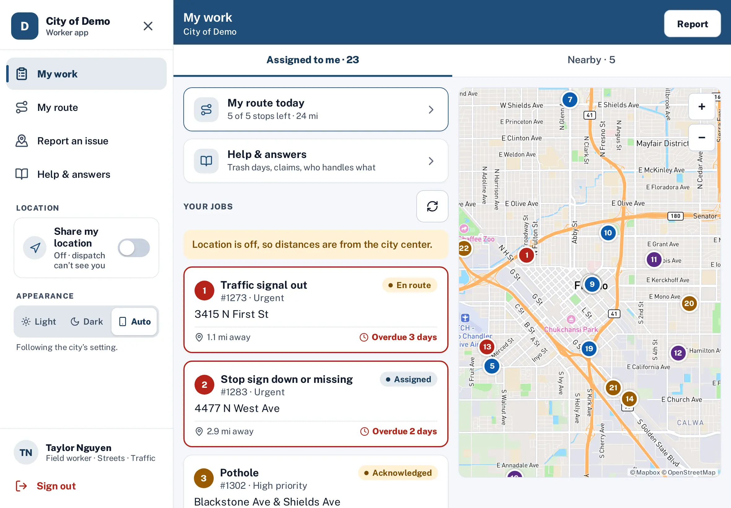 The worker app on an iPad in landscape: menu, job list and map side by side.