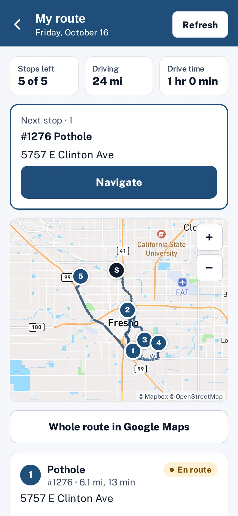 My route in the worker app: today’s stops in order on a map.